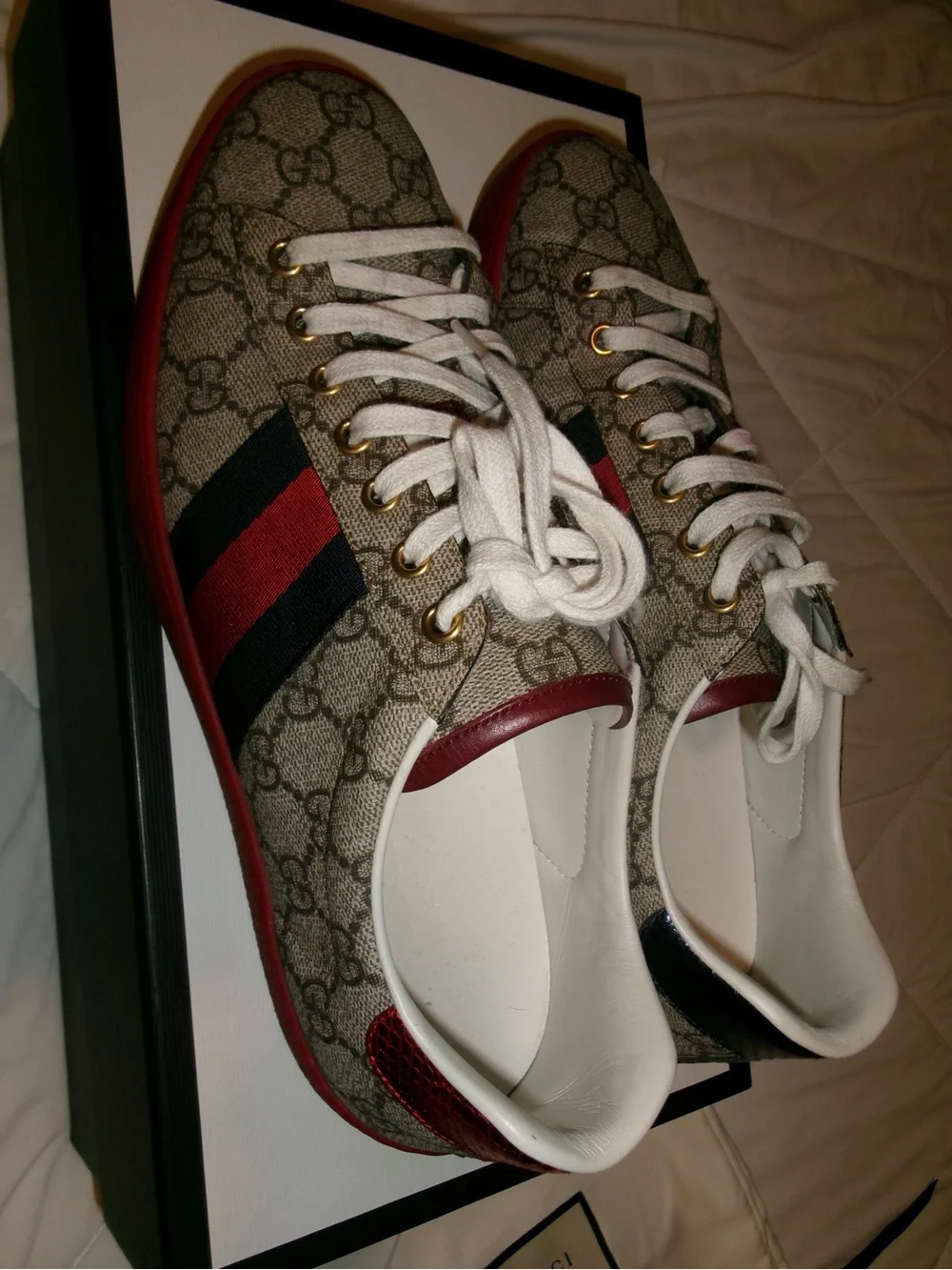 Gucci Brown Monogram Low-Top Sneakers with Red & Green Stripes